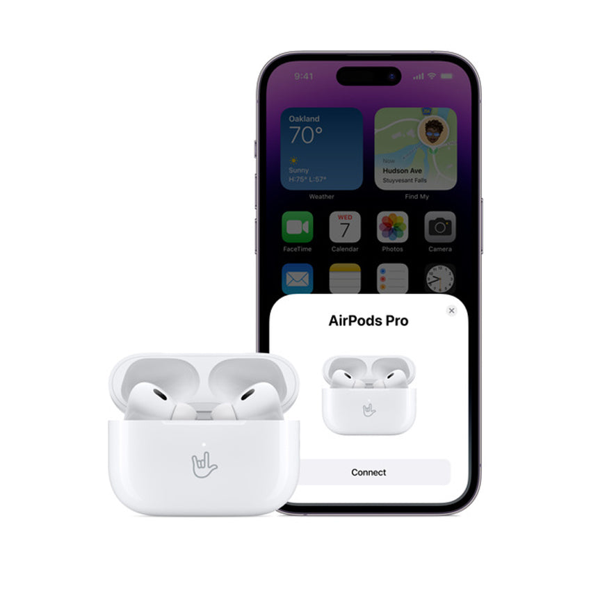 Front view of AirPods Pro in an open Charging Case ready to connect to an iPhone for setup.
