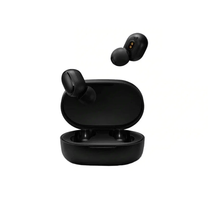 XIAOMI MI TRUE WIRELESS EARBUDS BASIC 2 – Black with open case and buds outside the case